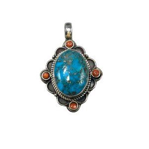 Vtg Turquoise & Coral Pendant Sterling Silver Handcrafted Native or Southwestern
